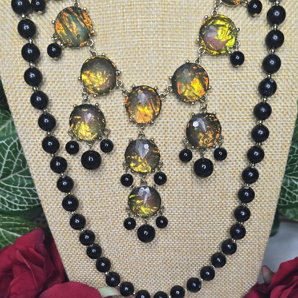 1 Multicolored Circle w/ Blk Beads & 1 Black Beaded W/ Gold Tone Necklaces